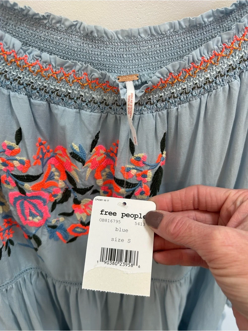 Free people sunbeam dress with off the shoulder smocked neckline & embroidered S